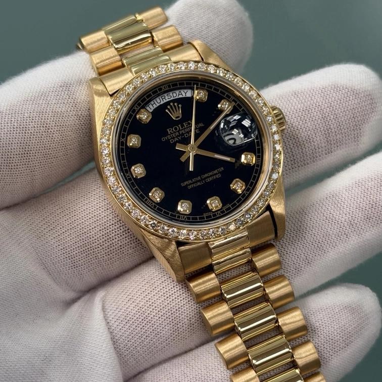 Rolex Day Date President 18038 36mm Quickset Black Diamond Dial & Bezel 18K Gold - 3