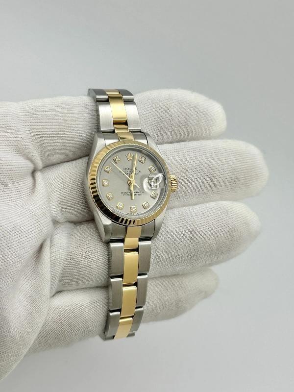 Rolex Ladies Datejust 79173 Steel Serti Diamond Dial 18k Gold Steel Box Paper - 9