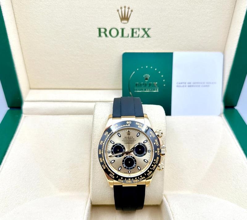 Rolex Daytona Pikachu 116518LN 18k Yellow Gold Oysterflex Box 2025 Service Card: Style Number: 116518LN Year: 2017 - 2023 Model: Rolex Daytona Cosmograph Case Material: 18k Yellow Gold Band: Rolex Oysterflex Bezel: Black Ceramic Dial: 'Pikachu' Dial (Champagne with Black Subdials)