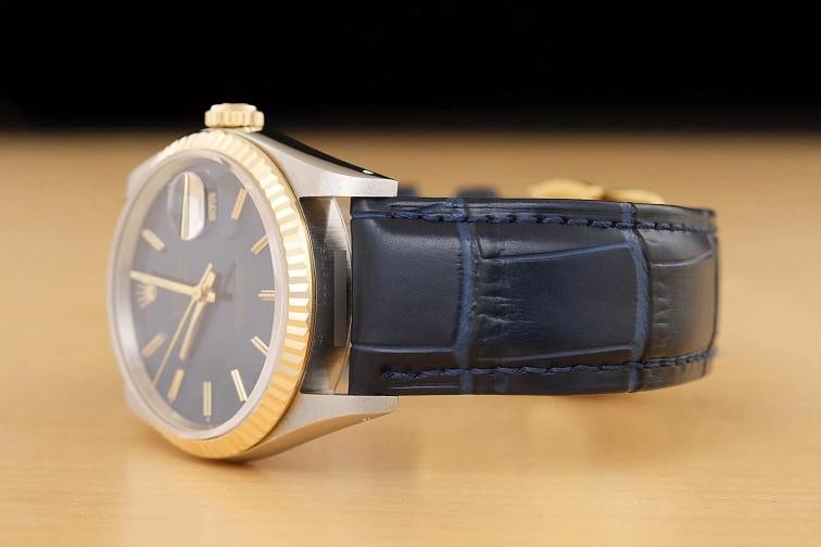 ROLEX MENS DATEJUST 16233 BLUE DIAL 18K GOLD STEEL BLUE LEATHER BAND WATCH - 4