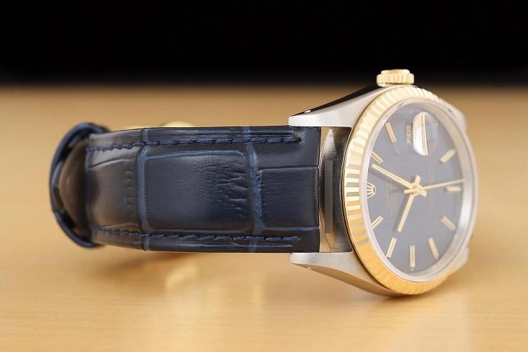 ROLEX MENS DATEJUST 16233 BLUE DIAL 18K GOLD STEEL BLUE LEATHER BAND WATCH - 7