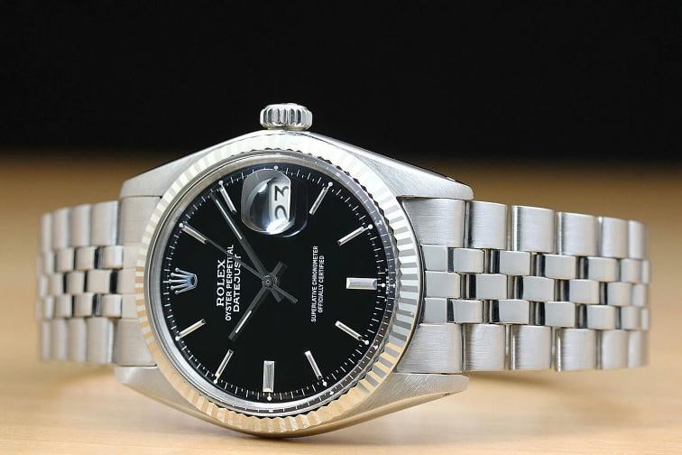 ROLEX MENS DATEJUST BLACK 18K WHITE GOLD BEZEL STEEL FOLDED BAND WATCH - 2