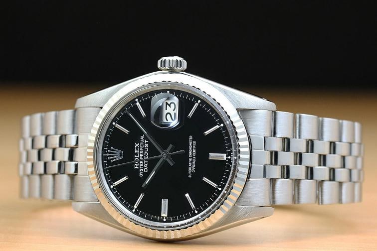 ROLEX MENS DATEJUST BLACK 18K WHITE GOLD BEZEL STEEL FOLDED BAND WATCH - 3