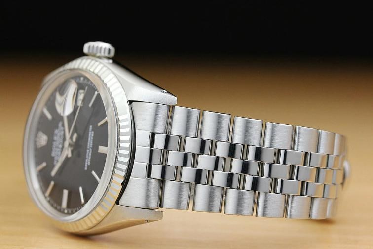 ROLEX MENS DATEJUST BLACK 18K WHITE GOLD BEZEL STEEL FOLDED BAND WATCH - 4