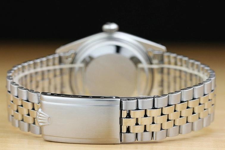 ROLEX MENS DATEJUST BLACK 18K WHITE GOLD BEZEL STEEL FOLDED BAND WATCH - 6