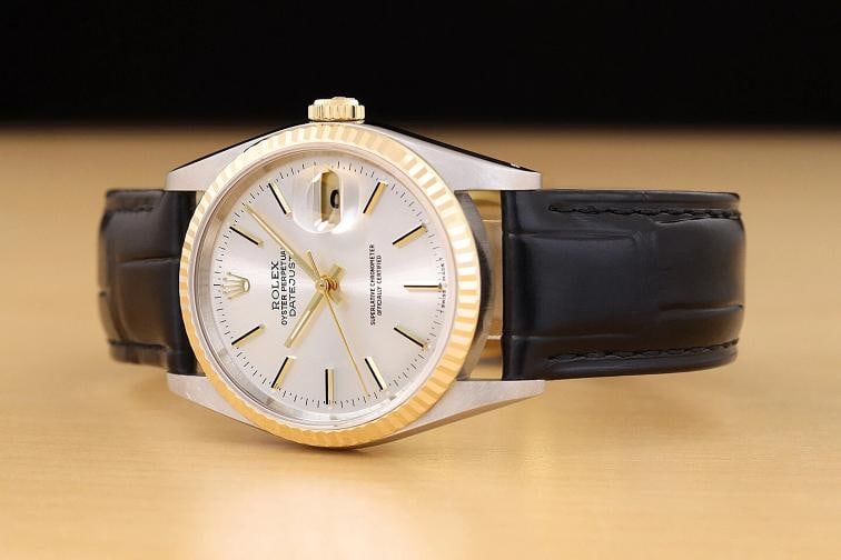 ROLEX MENS DATEJUST 16233 SILVER DIAL 18K GOLD STEEL WATCH w/ BLACK LEATHER BAND - 2