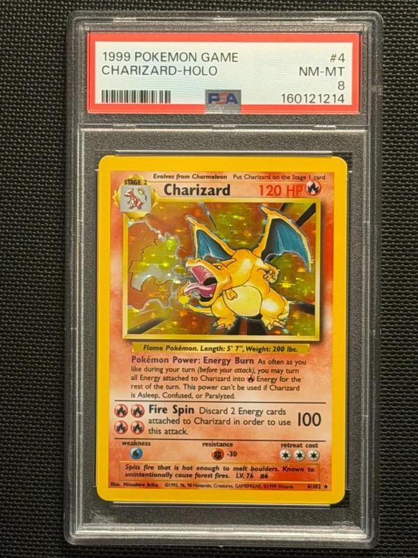 1999 Pokemon Game Base Set #004 Charizard Holo PSA 8: Condition: Graded - PSA 8: Professionally graded,Autographed: No,Set: Base Set,Character: Charizard,Grader: PSA,HP: 120,Year Manufactured: 1999,Type: Trading Card Game,Rarity: Holo Rare,Game: