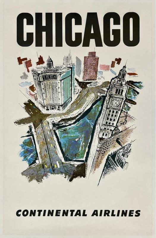 Original Vintage Poster CHICAGO CONTINENTAL AIR LINES Airline Travel LINEN 1960s: Dimensions: 25.4 x 39.4 in. / 64.5 x 100 cm.; Circa: 1960s Original vintage "CHICAGO - CONTINENTAL AIRLINES" airline travel poster printed circa 1960s.