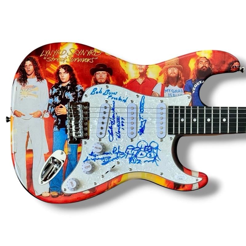 Lynyrd Skynyrd Signed Guitar Custom Graphics JSA COA BURNS PYLE WALKER HAWKINS: Industry: Music,Signed: Yes,Autograph Authentication: James Spence (JSA),Object Type: Guitar & Guitar Pick,Original/Reproduction: Original,Country of Origin: United States
