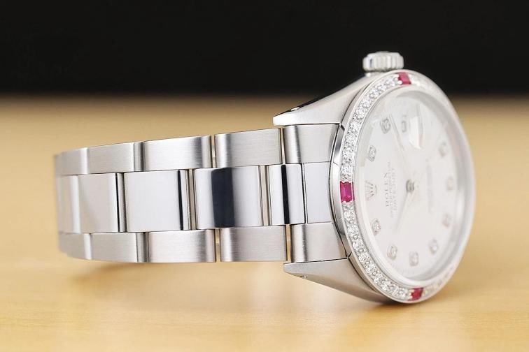 ROLEX MENS DATEJUST WHITE DIAL DIAMOND RUBY 18K GOLD STEEL WATCH w/ OYSTER BAND - 7
