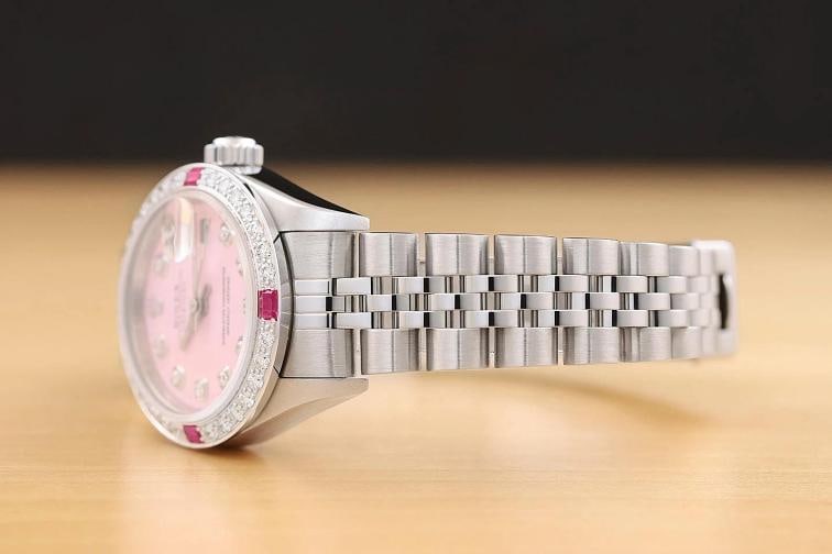 ROLEX LADIES DATEJUST 79174 18K GOLD STEEL PINK DIAL DIAMOND RUBY BEZEL WATCH - 4