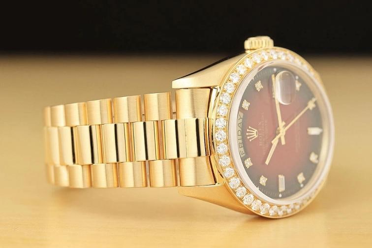 ROLEX MENS DAY-DATE PRESIDENT 2.0 CT BEZEL 18K GOLD RED VIGNETTE DIAMOND WATCH - 7