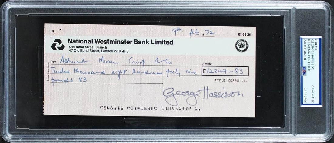 George Harrison The Beatles Signed 3.5x8 1972 Apple Corporation Auto 10 PSA Slab: Original/Reproduction: Original,Industry: Music,PRODUCT_COA: PSA,PRODUCT_SIGNED_BY_NAME: George Harrison,PRODUCT_SIGNED_BY_BRAND: The Beatles,Country of Origin: United States