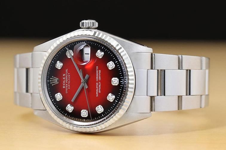 ROLEX MENS DATEJUST 18K WHITE GOLD STEEL RED VIGNETTE DIAMOND 1601 WATCH - 2