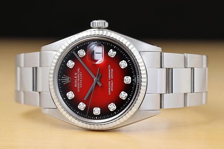 ROLEX MENS DATEJUST 18K WHITE GOLD STEEL RED VIGNETTE DIAMOND 1601 WATCH - 3