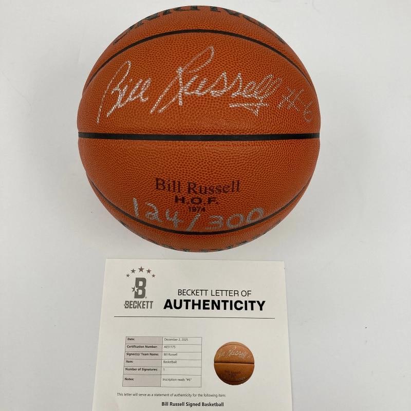 Bill Russell Signed 1974 Hall Of Fame Official Game Basketball Beckett COA: Sport: Basketball,Player: Bill Russell,Signed: Yes,Autograph Authentication: Beckett Authentication Services (BAS),Original/Reprint: Original,Product: Ball,Team: Boston Celtics,Country of Origin: Unit