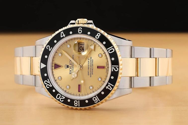 2007 CARD ROLEX GMT MASTER II 40MM 16713 SERTI RUBY DIAMOND 18K GOLD STEEL WATCH - 3