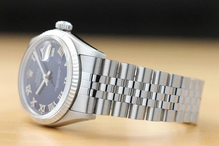 MENS ROLEX DATEJUST 16014 BLUE ROMAN 18K WHITE GOLD STAINLESS STEEL WATCH - 4
