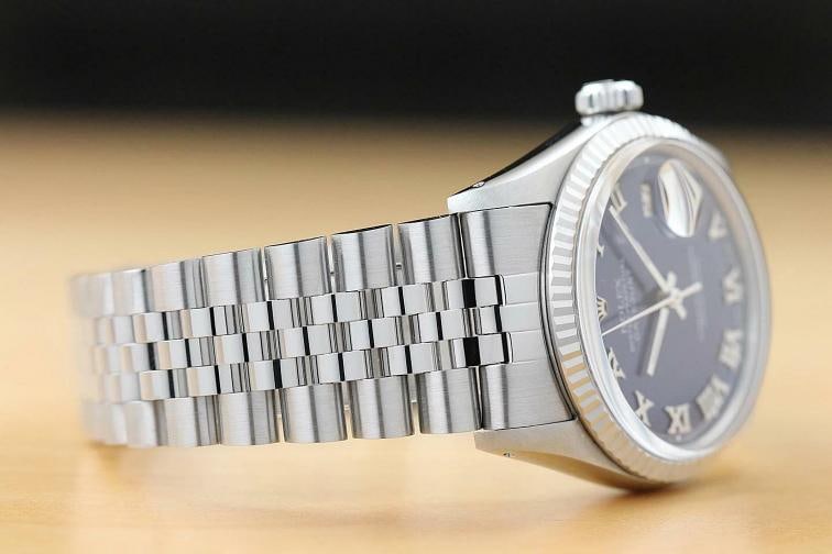 MENS ROLEX DATEJUST 16014 BLUE ROMAN 18K WHITE GOLD STAINLESS STEEL WATCH - 6