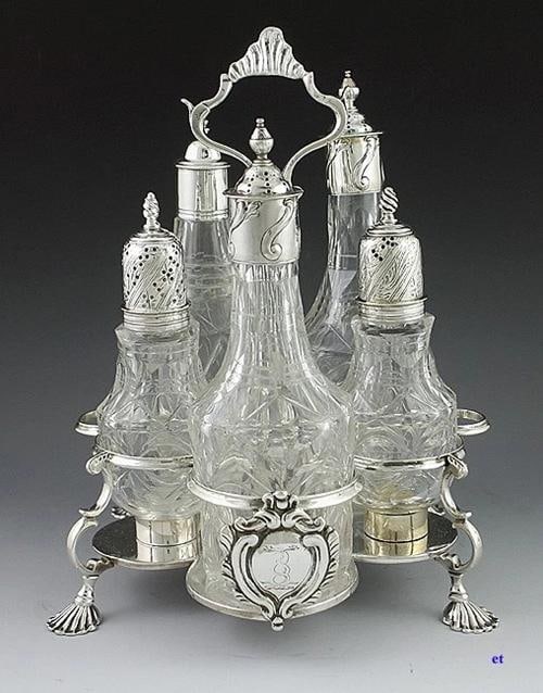 1763 English Sterling Silver & Cut Glass Castor Set: Type: Castor Set,Age: 1763,Region: United Kingdom,Maker: John Delmester,Composition: Sterling Silver,Country of Origin: United Kingdom Presented is a fine quality 18th century English sterling silver