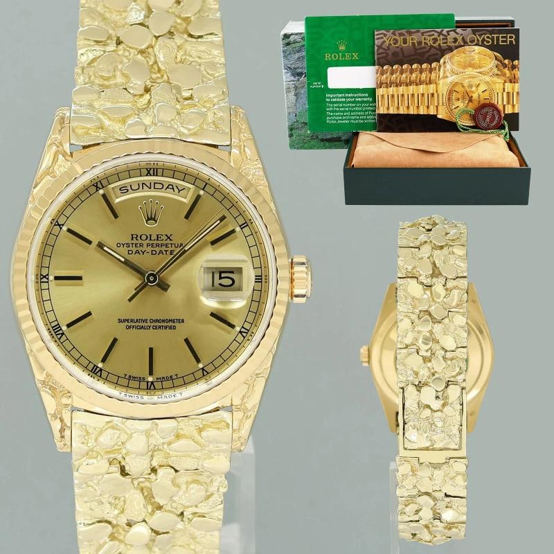Rolex 18238 President Day-Date Champagne Nugget Double Quickset Yellow Gold: Case & Dial Case Material: Rolex Yellow Gold Case Size: 36mm Bezel: Rolex Yellow Gold Fluted Crystal: Rolex Sapphire Dial: Rolex Champagne Stick Movement & Bracelet Movement: Rolex Automatic