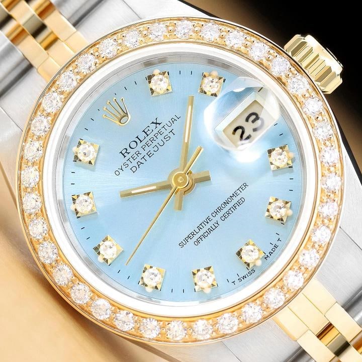 ROLEX LADIES DATEJUST 69173 ICE BLUE FACTORY DIAMOND DIAL 18K GOLD STEEL WATCH: Condition: Pre-owned - Excellent,Bezel Color: Gold,Max Wrist Size: 6.26-6.75 in,Number of Jewels: 29 Jewels,Indices: Diamond Markers, 12-Hour Dial,Band: Rolex Two Tone Jubilee Bracelet,Bezel: Custom 1