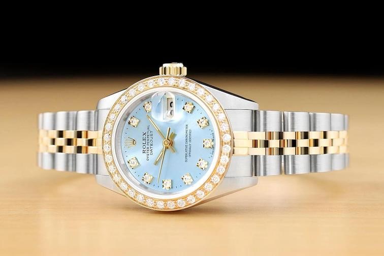 ROLEX LADIES DATEJUST 69173 ICE BLUE FACTORY DIAMOND DIAL 18K GOLD STEEL WATCH - 2