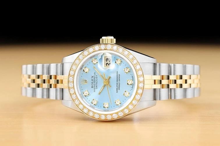 ROLEX LADIES DATEJUST 69173 ICE BLUE FACTORY DIAMOND DIAL 18K GOLD STEEL WATCH - 3