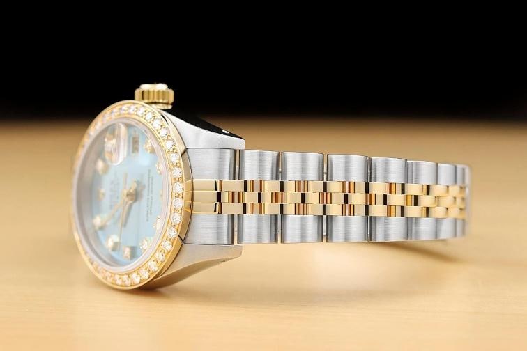 ROLEX LADIES DATEJUST 69173 ICE BLUE FACTORY DIAMOND DIAL 18K GOLD STEEL WATCH - 4