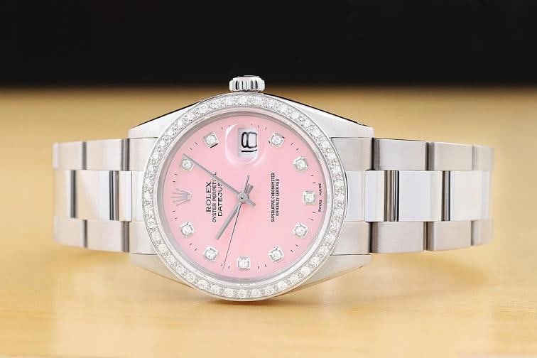 ROLEX MENS DATEJUST 16014 PINK DIAMOND 18K GOLD STAINLESS STEEL OYSTER WATCH - 3