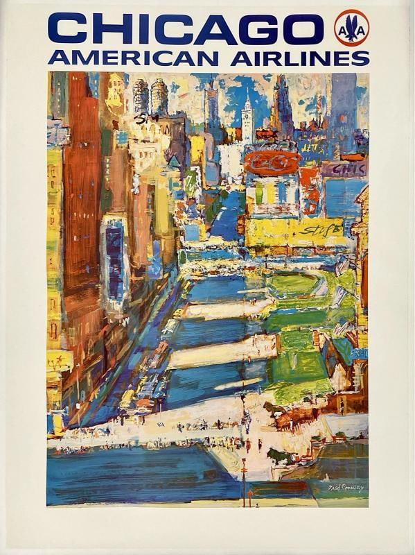 Original Vintage Poster AMERICAN AIRLINES CHICAGO Airline Travel Tourism LINEN: Dimensions: 30 x 40.5 in. / 76.2 x 102.9 cm.; Circa: 1960s Original vintage "CHICAGO - AMERICAN AIRLINES" airline travel poster, designed by FRED CONWAY, and printed circa 1960s.