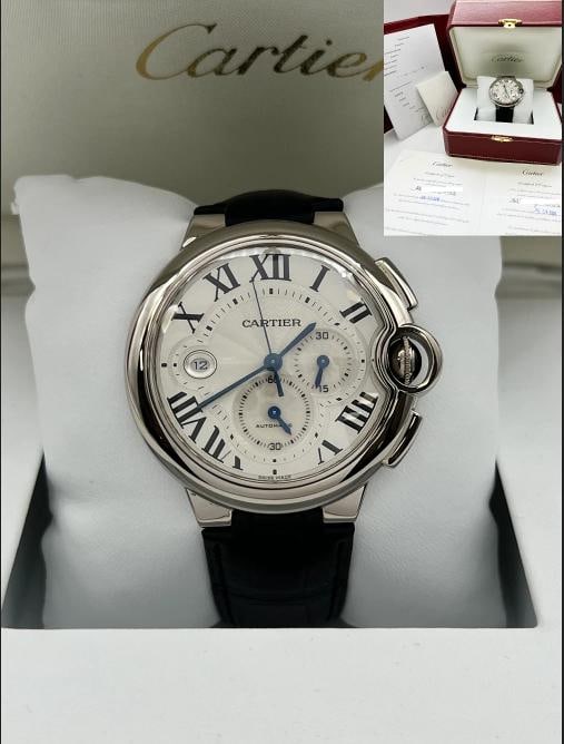 Cartier Ballon Bleu 3195 W6920005 42mm Chronograph 18K White Gold Box Paper: Style Number: 3195 / W6920005 Year: 2019 Model: Cartier Ballon Bleu Case Material: 18K White Gold Band: Leather Bezel: 18K White Gold Dial: Silver Dial Face: Sapphire Crystal Case Size: 42mm