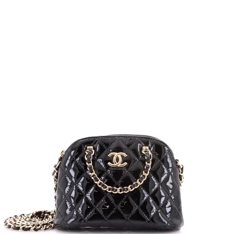 Chanel CC Dome Zip Crossbody Bag Quilted Patent Mini: Condition: Pre-owned - Excellent,Brand: Chanel,Exterior Material: Patent Leather,Style: Cross Body Bags,Exterior Color: Black,Department: Women,Size: Mini,Accessories: Dust Bag Condition: Great. Exter