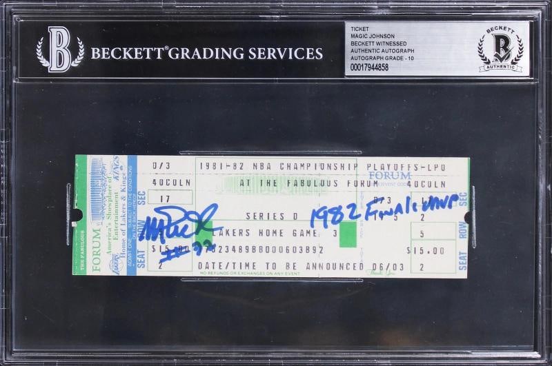 Lakers Magic Johnson "2x Insc" Signed NBA Finals Game 6 Ticket Auto 10! BAS Slab (1 of 2)