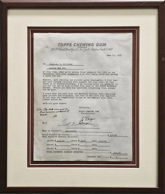Ted Williams Signed Framed 1955 Topps Contract Red Sox With Sy Berger PSA/DNA (1 of 6)