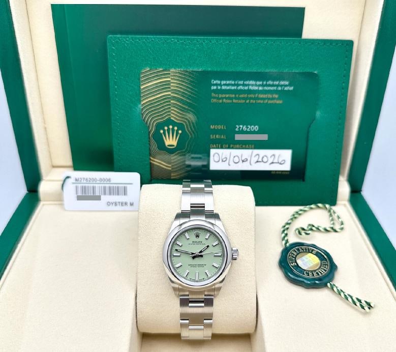 Brand New Rolex Ladies Oyster Perpetual 28 276200 PISTACHIO Dial Steel Full Set: Condition: New with box and papers: This item is brand new and has never been worn. It still has the original ... Read moreabout the conditionNew with box and papers: This item is brand new and has