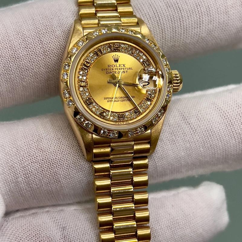 Rolex 69258 Ladies President Diamond Dial Bezel 18K Yellow Gold Box Paper - 10