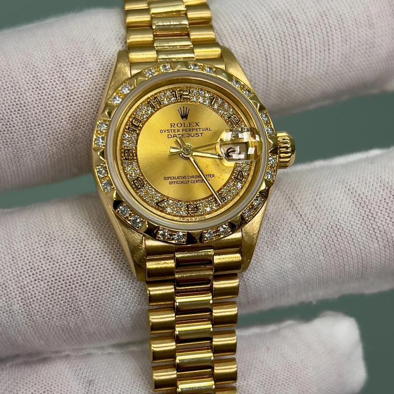 Rolex 69258 Ladies President Diamond Dial Bezel 18K Yellow Gold Box Paper - 11