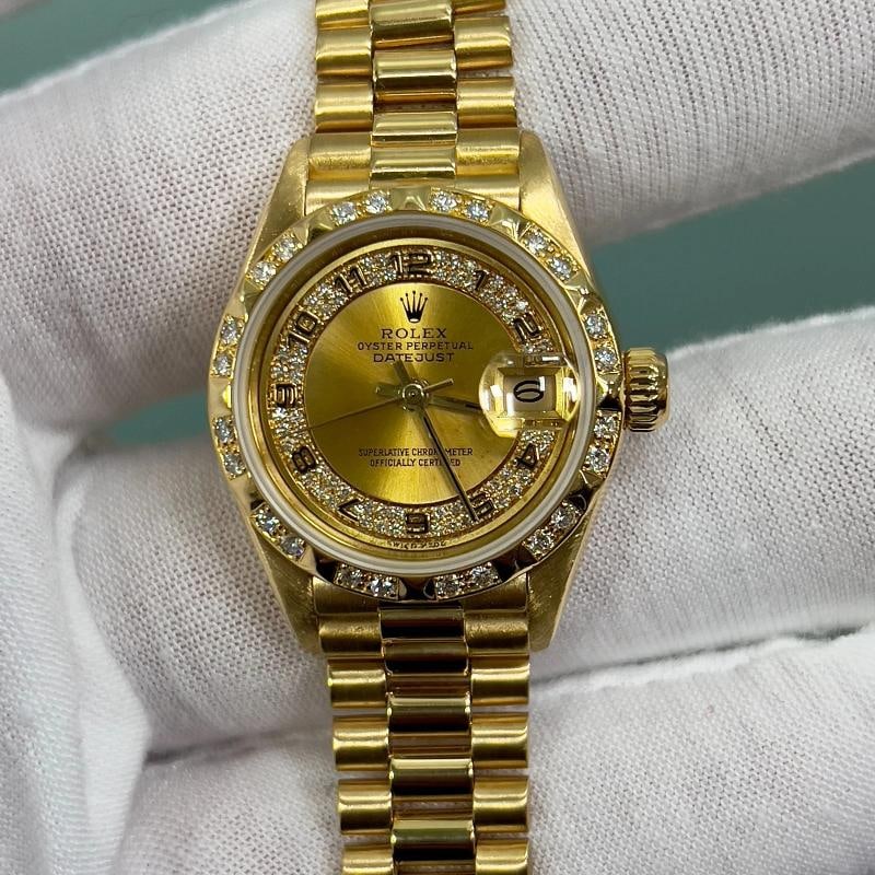 Rolex 69258 Ladies President Diamond Dial Bezel 18K Yellow Gold Box Paper - 12