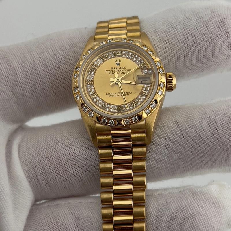 Rolex 69258 Ladies President Diamond Dial Bezel 18K Yellow Gold Box Paper - 14