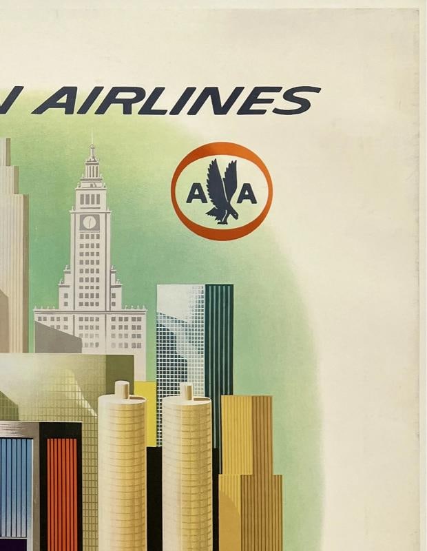 Original Vintage Poster CHICAGO AMERICAN AIRLINES Airline Travel Tourism LINEN - 3