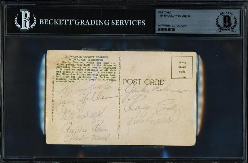 1956 Dodgers Legends Auto Postcard 8 Sigs Jackie Robinson Beckett #19816087: Sport: Baseball,Product: Postcard,Player: 1956 Brooklyn Dodgers Legends,Team: Brooklyn Dodgers,Signed: Yes,Autograph Authentication: Beckett Authentication Services (BAS),Original/Reprint: Original,Co