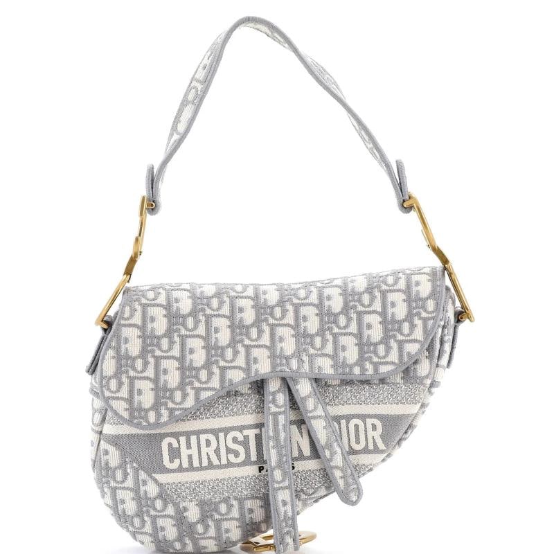 Christian Dior Saddle Handbag Logo Embroidered Oblique Canvas Medium: Condition: Pre-owned - Good,Brand: Christian Dior,Exterior Material: Canvas Plain,Style: Shoulder Bags,Exterior Color: Gray,Department: Women,Size: Medium