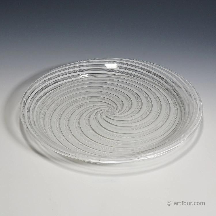 Large 19th Century Murano Filigrana Art Glass Plate: Condition: Used,Brand: ArtGlass,Type: Vase,Country of Origin: Italy A large art glass plate made of clear glass with white filigrana bands. Attributed to Societa Anonima for Azioni Salviati & C., Mura