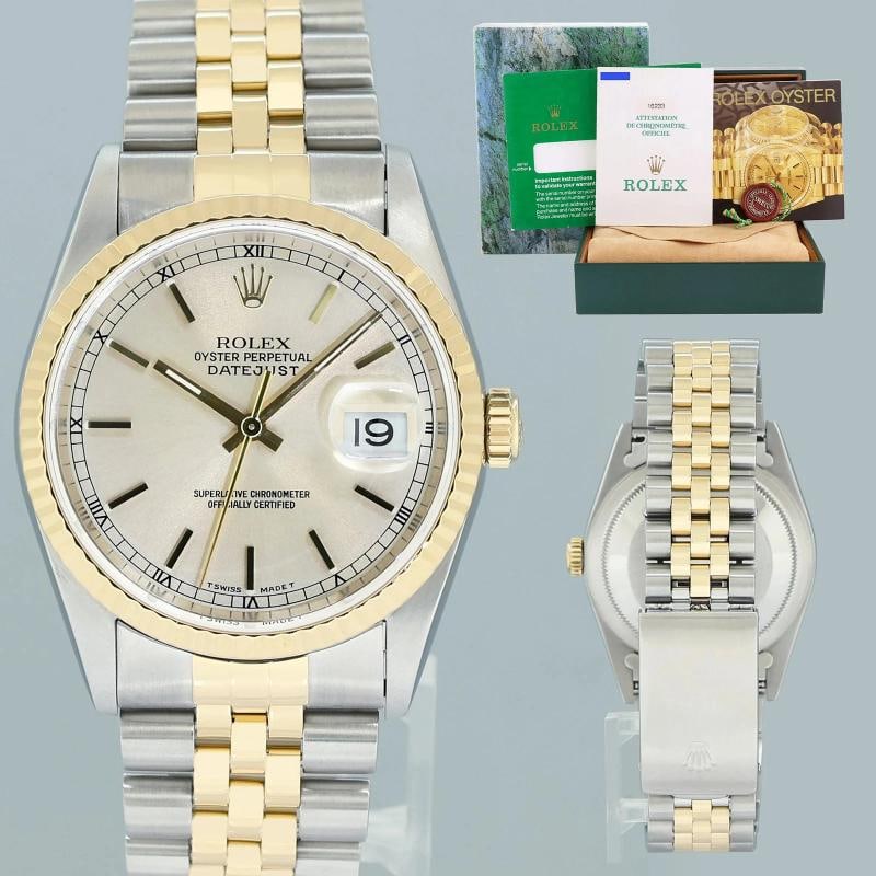 1998 PAPERS MINT Rolex DateJust 36mm Silver Stick 16233 Two Tone Steel Jubilee: Condition: Pre-owned - Excellent,Brand: Rolex,Department: Unisex Adults,Type: Wristwatch,Model: DateJust,Reference Number: 16233,With Original Box/Packaging: Yes,With Papers: Original,Customized: No,C