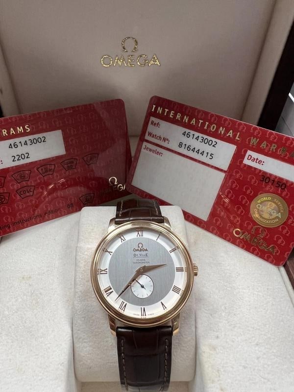 Omega De Ville Prestige 4614.30.02 39mm 18K Rose Gold: Condition: Pre-owned - Excellent,Country of Origin: Switzerland,Bezel Color: Rose,Indices: Roman Numerals,Band/Strap: Two-Piece Strap,Case Color: Rose,Department: Men,Caseback: Solid,Watch Shape:
