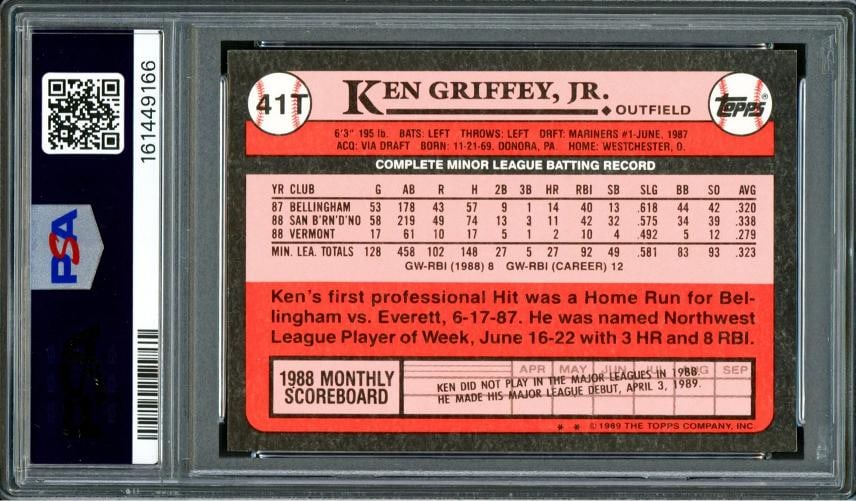 Ken Griffey Jr. Signed 1989 Topps Traded Tiffany RC #41T Mariners PSA8 Auto 10 - 2