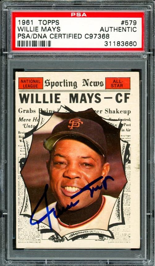 Willie Mays Signed 1961 Topps Card #579 San Francisco Giants PSA/DNA #31183660: Condition: Graded - PSA Authentic: Professionally graded,Sport: Baseball,Product: Card,Player: Willie Mays,Player/Athlete: Willie Mays,Team: San Francisco Giants,Signed By: Willie Mays,Autographed: Ye