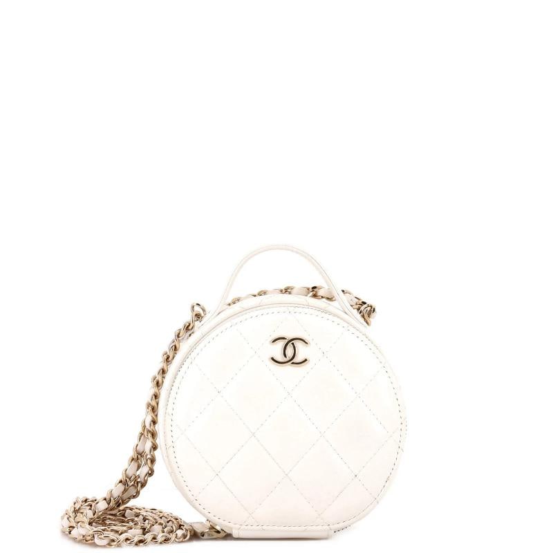Chanel Handle with Care Round Vanity Case with Chain Quilted Lambskin Small: Condition: Pre-owned - Good,Brand: Chanel,Exterior Material: Leather,Style: Cross Body Bags,Exterior Color: White,Department: Women,Size: Small