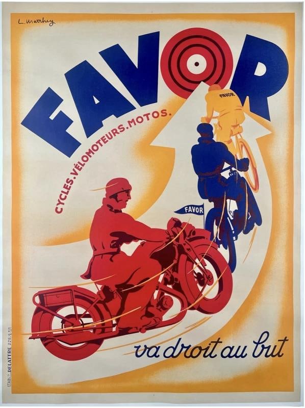Original Vintage Poster FAVOR CYCLES Art Deco Motorcycle Bicycle 47 x 63" LINEN: Dimensions: 47.25 x 63.5 in. / 120 x 161.3 cm.; Circa: 1928 Original vintage "FAVOR" poster, plate signed by its artist, L. MATTHEY, and printed by DELATRE PARIS circa 1928.